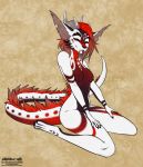  2020 4_toes 5_fingers alishka anthro black_nose breasts digital_media_(artwork) dragon eyebrows eyelashes featureless_breasts female fingers fur furred_dragon hair hi_res horn kneeling non-mammal_breasts red_hair smile solo toes wingless_dragon 