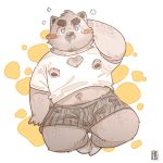  1:1 2020 anthro belly blush brown_body brown_fur bulge canid canine canis clothing domestic_dog fur hakumimis hi_res kemono male mammal shirt slightly_chubby solo topwear underwear 