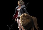  1girl animal animal_ears arknights arms_at_sides bangs bare_legs black_jacket blonde_hair breasts brown_hair choker cigarette cleavage cutoffs diaodiao feet_out_of_frame fur-trimmed_jacket fur_trim highres holding holding_weapon jacket large_breasts lion_ears long_sleeves looking_at_viewer medium_hair messy_hair mouth_hold open_clothes open_jacket print_shirt red_lips scar scar_across_eye shirt shorts siege_(arknights) simple_background standing tank_top weapon white_shirt 