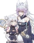  2girls ahoge animal_ears arm_belt atalanta_(alter)_(fate) atalanta_(fate) bandaged_arm bandages bangs bare_shoulders black_dress black_vest breasts cat_ears chain collar csyday detached_sleeves dress facial_scar fate/apocrypha fate_(series) green_eyes grey_hair hair_brush hand_mirror jack_the_ripper_(fate/apocrypha) long_hair looking_at_another medium_breasts mirror multiple_girls one_side_up open_mouth paws scar scar_across_eye scar_on_cheek shoulder_tattoo simple_background slit_pupils small_breasts smile tattoo thighs vest white_background white_hair 