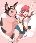  1girl ;d akane_(pokemon) arm_up bangs blue_shorts breasts chorefuji clenched_hands commentary_request eyebrows_visible_through_hair eyelashes gen_2_pokemon heart knees looking_at_viewer medium_breasts miltank multicolored_footwear one_eye_closed open_mouth pink_background pink_eyes pink_hair pokemon pokemon_(creature) pokemon_(game) pokemon_hgss shiny shiny_hair shoes short_twintails shorts smile socks striped striped_legwear twintails twisted_torso 