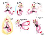  2_horns absurd_res anthro black_clothing breasts clothing darkpotzm dragon english_text eyes_closed female hair hi_res horn motion_blur motion_lines niar_(potzm) pink_body pink_tail red_horn red_tail scalie simple_background text white_background white_clothing wingless_dragon 