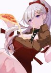  1girl azur_lane belfast_(azur_lane) bow braid braided_bangs breasts cleavage crossed_legs earrings eating eyebrows_visible_through_hair food hair_bow hairband highres jewelry long_hair looking_at_viewer medium_breasts pizza pizza_hut purple_eyes silver_hair solo white_background 
