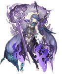  1girl :d absurdly_long_hair anklet bare_shoulders breasts covered_navel earrings empty_eyes eyebrows_visible_through_hair fingernails fins full_body half-nightmare jewelry ji_no large_breasts long_hair looking_at_viewer ningyo_hime_(sinoalice) official_art open_mouth pale_skin polearm purple_eyes purple_hair sharp_fingernails sinoalice smile smoke solo spear tattoo toeless_legwear transparent_background very_long_hair weapon 