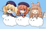  &gt;_&lt; 3girls :3 :d ^_^ animal_ear_fluff animal_ears ascot axe bangs beret black_coat black_headwear blonde_hair blue_background blue_bow blush boots bow braid brown_bow brown_hair brown_kimono cabbie_hat chibi closed_eyes closed_mouth cloud coat commentary_request dog_ears dog_girl dog_tail eyebrows_visible_through_hair fang flag flower glint gradient gradient_background green_eyes hair_between_eyes hair_bow hat holding holding_sword holding_weapon hood hood_down hooded_coat jacket japanese_clothes kimono long_hair long_sleeves looking_at_viewer maho_(princess_connect!) miicha monika_weisswind multiple_girls open_clothes open_jacket open_mouth outstretched_arm pink_flower princess_connect! princess_connect!_re:dive purple_eyes purple_headwear purple_jacket red_neckwear saber_(weapon) shirt sleeves_past_wrists smile solid_circle_eyes sword tail twin_braids twintails twitter_username v-shaped_eyebrows very_long_hair weapon white_shirt wide_sleeves yuni_(princess_connect!) 