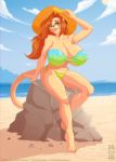  animal_humanoid beach big_breasts bikini breasts cleavage clothed clothing eyewear felid feline felis female glasses hat headgear headwear huge_breasts humanoid katrina_fowler llmixll looking_at_viewer mammal nipple_outline seaside sitting solo swimwear watercat_humanoid 