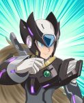  1boy android armor blonde_hair blue_background blue_eyes capcom closed_mouth commentary energy_sword gloves grey_hair helmet highres long_hair male_focus mrsancheese_art orb ponytail redesign robot robot_ears rockman rockman_x silver_hair solo sword very_long_hair weapon zero_(rockman) 