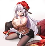  1girl aran_sweater azur_lane bare_shoulders belfast_(azur_lane) belfast_(shopping_with_the_head_maid)_(azur_lane) beret black_legwear black_skirt blush breasts brown_sweater choker cleavage collarbone earrings hand_on_own_chest hat highres hoop_earrings jewelry large_breasts long_hair looking_at_viewer necklace no_shoes off-shoulder_sweater off_shoulder open_mouth pantyhose ponytail purple_eyes scarf scarf_removed silver_hair sitting sitting_on_lap sitting_on_person skirt solo spread_legs star star_necklace sweater thighhighs white_background yan_lie 