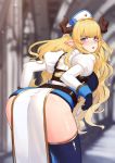  1girl ass black_legwear blonde_hair blue_eyes blurry blush breasts depth_of_field draph from_behind gloves granblue_fantasy hair_intakes hat horns large_breasts long_hair looking_back pelvic_curtain pointy_ears puffy_sleeves rastina scarlettear33 solo thighhighs thighs very_long_hair wavy_hair 