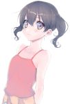  1girl absurdres arms_behind_back bad_id bad_twitter_id bangs black_hair camisole closed_mouth clothes_around_waist dutch_angle eyebrows_visible_through_hair frown highres kuraue_hinata light_brown_eyes looking_at_viewer pink_shirt re_(scd6) shirt short_hair simple_background solo standing twintails white_background yama_no_susume 