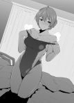  1girl ahoge braid breasts character_request cleavage copyright_request french_braid greyscale groin highres humiyou kneeling medium_breasts monochrome off_shoulder one-piece_swimsuit solo sweat swimsuit swimsuit_pull undressing 