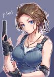  1girl absurdres artist_name bare_shoulders blue_eyes blue_tank_top blush breasts brown_hair fingerless_gloves gloves gun half-closed_eyes handgun highres holding holding_gun holding_weapon jewelry jill_valentine large_breasts looking_at_viewer necklace pistol potato_tacos resident_evil resident_evil_3 short_hair solo tank_top upper_body weapon 