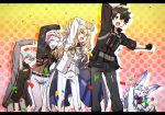  4boys black_gloves black_hair blonde_hair blush carnival_phantasm coat confetti dancing fate/grand_order fate_(series) fou_(fate/grand_order) fujimaru_ritsuka_(male) fur-trimmed_coat fur_trim gloves gomashou_(ssm_fgo) grey_hair kadoc_zemlupus kirschtaria_wodime letterboxed multiple_boys one_eye_closed pants parody pink_hair scandinavia_peperoncino super_affection white_gloves 