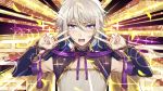  1boy bangs blue_eyes blush chinese_clothes csyday double_v egasumi emotional_engine_-_full_drive fate/grand_order fate_(series) gao_changgong_(fate) grey_hair hair_between_eyes hands_up long_hair looking_at_viewer male_focus open_mouth parody purple_background silver_hair solo sparkle sunburst sunburst_background v yellow_background 