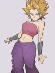  1girl aqua_eyes arms_at_sides baggy_pants bare_arms bare_shoulders blonde_hair breasts caulifla cleavage closed_mouth collarbone dragon_ball dragon_ball_super expressionless eyelashes feet_out_of_frame grey_background kemachiku legs_apart long_hair looking_at_viewer medium_breasts midriff pants purple_pants shiny shiny_hair simple_background solo spiked_hair standing strapless super_saiyan tubetop v-shaped_eyebrows very_long_hair wristband 