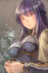  1girl bangs brown_capelet capelet chest_guard closed_mouth collared_capelet commentary_request egnigem_cenia eyebrows_visible_through_hair flower highres holding holding_flower lily_(flower) long_hair looking_at_viewer own_hands_together purple_hair ragnarok_masters ragnarok_online reihou19 smile solo swordsman_(ragnarok_online) upper_body vambraces white_flower yellow_eyes 