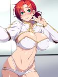  1girl 846-gou absurdres aqua_eyes areola_slip areolae bangs bikini blush boudica_(fate/grand_order) breasts cleavage closed_mouth covered_nipples fate/grand_order fate_(series) highleg highleg_bikini highres juliet_sleeves large_breasts long_sleeves looking_at_viewer multi-strapped_bikini navel o-ring puffy_sleeves red_hair self_shot short_hair short_ponytail shrug_(clothing) smile swimsuit v white_bikini 