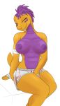  anthro bandage belly big_(disambiguation) booponies bottomwear breasts clothing dragon female hair hi_res kobold lucy_(booponies) muscular nipples short_hair short_tail shorts sitting smile solo thick_thighs 