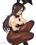  1girl absurdres animal_ears black_footwear black_hair black_leotard blush bow bowtie bracelet breasts bunny_ears bunny_girl bunny_tail bunnysuit commentary_request covering covering_breasts fake_animal_ears frown hair_over_one_eye highres jewelry korean_commentary large_breasts leotard long_hair looking_at_viewer open_mouth pantyhose red_eyes simple_background solo sookmo tail white_background 