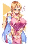  1girl absurdres alternate_breast_size bead_necklace beads blonde_hair blush bracer breast_expansion breasts dress earrings flying_sweatdrops green_eyes highres huge_breasts jewelry lactation lactation_through_clothes long_hair looking_at_viewer necklace pauldrons pink_dress pointy_ears princess_zelda solo super_smash_bros. sweat sweatdrop tagme tea_texiamato the_legend_of_zelda tiara triforce 