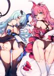  2girls absurdres ass bare_shoulders black_legwear blue_eyes blush de_da_xianyu from_behind gloves green_hair highres honkai_(series) honkai_impact_3rd liliya_olenyeva long_hair looking_at_viewer looking_back multiple_girls open_mouth panties pink_hair pussy_juice rozaliya_olenyeva tail thighhighs underwear white_legwear 