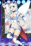 1girl angel_wings blue_eyes breasts fountain gen_4_pokemon gloves highres idol large_breasts long_hair looking_at_viewer microphone navel personification pokemon revealing_clothes shorts smile solo thighhighs togekiss white_gloves white_hair white_legwear white_shorts wings yukimura_chisa 