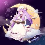  blush book bow eyebrows eyebrows_visible_through_hair fujii_shino hat highres holding holding_book long_hair looking_at_viewer moon patchouli_knowledge purple_eyes purple_hair sitting star touhou 