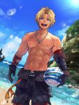  1boy abs ball blitzball blonde_hair blue_eyes chest final_fantasy final_fantasy_x gloves holding holding_ball jewelry lens_flare male_focus muscle necklace ocean outdoors solo tidus toned toned_male torakichi_(ebitendon) twitter_username water 