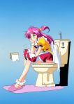  1girl apron blue_background chin_rest green_eyes hair_bobbles hair_ornament kimura_takahiro long_hair pink_hair puffy_short_sleeves puffy_sleeves red_skirt short_sleeves sitting skirt slippers solo toilet toilet_paper toilet_use 
