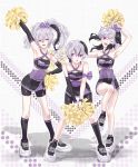  3girls arm_up armpits asymmetrical_legwear bare_shoulders bike_shorts black_dress black_legwear cheerleader commentary criss-cross_halter dated dress emu_(marico_w) flower_(vocaloid) full_body gynoid_talk half-closed_eyes halterneck highres holding_pom_poms kneehighs leaning_forward looking_at_viewer medium_hair multicolored_hair multiple_girls multiple_persona one_eye_closed open_mouth outstretched_arm pom_poms purple_hair shoes short_hair smile sneakers standing streaked_hair twitter_username v_flower_(gynoid_talk) v_flower_(vocaloid4) vocaloid white_hair 