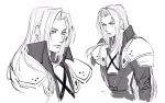  1boy bangs clivenzu final_fantasy final_fantasy_vii final_fantasy_vii_remake greyscale highres jacket long_hair long_sleeves looking_at_viewer male_focus monochrome multiple_views parted_bangs sephiroth shoulder_armor simple_background spaulders white_background 