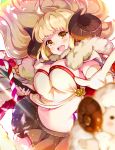  1girl aheep_horns anila_(granblue_fantasy) blonde_hair blurry breasts cape cleavage depth_of_field draph fur_cape granblue_fantasy highres horns large_breasts long_hair midriff miniskirt navel open_mouth pilokey pleated_skirt pointing sheep short_eyebrows skirt solo yellow_eyes 