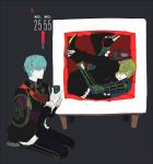  2boys abstract aqua_hair black_gloves fingerless_gloves gloves green_hair hair_over_one_eye holding ichigo_hitofuri male_focus military military_uniform multiple_boys mzet necktie seiza short_hair sitting tea tea_set touken_ranbu translation_request uguisumaru uniform white_gloves yellow_eyes 