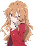 1girl aisaka_taiga black_ribbon blush brown_hair closed_mouth commentary_request eyebrows_visible_through_hair hair_between_eyes ixy jacket long_hair long_sleeves looking_at_viewer oohashi_high_school_uniform red_eyes red_jacket ribbon school_uniform shirt simple_background solo toradora! upper_body white_background white_shirt 