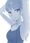  1girl armpits blue_theme breasts cleavage eyebrows_visible_through_hair hands_up hi_iro long_hair looking_at_viewer medium_breasts monochrome original parted_lips ponytail simple_background solo upper_body white_background 