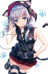  1girl animal_ear_fluff animal_ears armpits bare_arms bare_shoulders black_jacket blue_eyes breasts cable cat_ears cat_tail commentary_request earphones fang hair_ornament hairclip hand_in_pocket hand_up highres hood hooded_jacket huwali_(dnwls3010) jacket leg_up loafers long_hair looking_at_viewer low_twintails miniskirt original paw_background pleated_skirt red_skirt shoes silver_hair skirt sleeveless sleeveless_jacket small_breasts smile solo striped striped_legwear tail tail_raised thighhighs twintails white_background zettai_ryouiki 