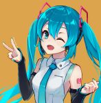  1girl aqua_eyes aqua_hair aqua_nails aqua_neckwear bare_shoulders black_sleeves character_name detached_sleeves fumi_t204 hair_ornament hands_up hatsune_miku hatsune_miku_(vocaloid4) headphones headset long_hair looking_at_viewer nail_polish necktie one_eye_closed open_mouth orange_background see-through shirt shoulder_tattoo sleeveless sleeveless_shirt smile solo tattoo twintails upper_body v v4x very_long_hair vocaloid white_shirt 