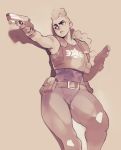  1girl aiming bare_knuckle bodysuit braid bulletproof_vest commentary dual_wielding english_commentary estel_aguirre fingerless_gloves gloves gun handgun holding holding_gun holding_weapon long_braid mohawk monochrome norasuko pistol police police_uniform policewoman single_braid sketch sleeveless solo streets_of_rage_4 thick_eyebrows thick_thighs thighs undercut uniform weapon 