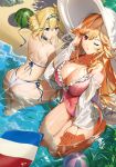  1girl absurdres ass azur_lane back ball bare_shoulders beach beachball bikini blonde_hair blue_eyes breasts caustics cleavage collarbone covered_navel day food french_flag frilled_swimsuit frills fruit halterneck hat highres jeanne_d&#039;arc_(azur_lane) jeanne_d&#039;arc_(movie_set_saintess)_(azur_lane) large_breasts layered_bikini long_hair looking_at_viewer looking_back nike1060 off_shoulder orange_hair pink_swimsuit richelieu_(azur_lane) richelieu_(flagship_in_the_sea_breeze)_(azur_lane) sand side-tie_bikini solo sun_hat sunlight swimsuit thighs water watermelon white_bikini white_headwear 
