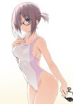  1girl armpit_peek breasts commentary_request competition_swimsuit cowboy_shot fate/grand_order fate_(series) glasses goggles goggles_removed hair_over_one_eye hands_on_own_chest highleg highleg_swimsuit holding_goggles lavender_hair looking_at_viewer low_ponytail mash_kyrielight medium_breasts namonashi one-piece_swimsuit purple_eyes short_hair simple_background solo swimsuit tied_hair white_background white_swimsuit 