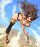  1girl alternate_breast_size amania_orz asymmetrical_gloves asymmetrical_legwear bikini black_legwear blue_sky breasts brown_hair cloud dated elbow_gloves fate/grand_order fate_(series) gloves gold_trim highleg highleg_bikini ishtar_(fate)_(all) ishtar_(fate/grand_order) large_breasts long_hair mismatched_legwear red_eyes sky swimsuit thighhighs thighs toeless_legwear 