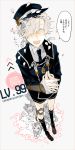  1boy blush closed_eyes dated gokotai gokotai&#039;s_tigers hair_over_one_eye hat male_focus military military_uniform mzet necktie open_mouth own_hands_together shorts smile speech_bubble talking tiger tiger_cub touken_ranbu translation_request uniform white_hair white_tiger 
