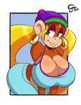  2020 anthro blonde_hair blue_eyes breasts brown_body brown_fur cleavage clothed clothing donkey_kong_(series) ear_piercing ear_ring eyeshadow female fur fyxe_(artist) hair half-closed_eyes haplorhine hat headgear headwear long_hair makeup mammal monkey narrowed_eyes nintendo piercing primate signature smile solo tiny_kong video_games 