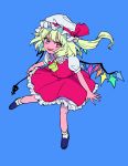  ascot blonde_hair blue_background discowars fang flandre_scarlet frilled_shirt_collar frilled_skirt frills hat hat_ribbon laevatein mob_cap one_side_up puffy_short_sleeves puffy_sleeves red_eyes red_ribbon red_skirt red_vest ribbon short_sleeves simple_background skirt smile the_embodiment_of_scarlet_devil touhou vest wings yellow_neckwear 