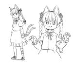  1girl :3 :d animal_ears bow braid cat_ears cat_tail closed_mouth dress eyebrows_visible_through_hair greyscale hair_bow juliet_sleeves kaenbyou_rin long_dress long_sleeves looking_at_viewer monochrome multiple_tails multiple_views neck_ribbon open_mouth poronegi puffy_sleeves ribbon shoe_bow shoes simple_background sketch smile standing tail touhou twin_braids two_tails white_background 