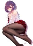  1girl artist_name ass bangs bare_shoulders black_legwear blush bob_cut breasts collarbone dated dress_shirt eyebrows_visible_through_hair feet hair_between_eyes hair_ornament hairclip highres knees_together_feet_apart light_smile looking_at_viewer lying no_shoes off_shoulder on_side open_clothes open_shirt original pantyhose plaid plaid_neckwear plaid_skirt pleated_skirt purple_eyes purple_hair red_neckwear red_skirt school_uniform shirt short_hair signature simple_background skirt solo yuanchuang 