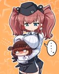  ... 2girls anchor_hair_ornament asimo953 atlanta_(kantai_collection) black_headwear black_skirt blue_eyes blush blush_stickers breast_rest breasts brown_hair chibi commentary_request earrings flying_sweatdrops garrison_cap garter_straps gloves hair_flaps hair_ornament hairband hat hatsuzuki_(kantai_collection) highres jewelry kantai_collection large_breasts long_hair long_sleeves looking_at_another multiple_girls nose_blush shirt skirt star_(symbol) star_earrings suspender_skirt suspenders sweatdrop thigh_strap two_side_up white_gloves white_shirt 