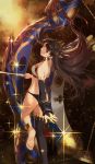  1girl absurdres anklet armlet ass asymmetrical_legwear asymmetrical_sleeves back bangs bare_shoulders black_hair breasts bridal_gauntlets detached_sleeves earrings fate/grand_order fate_(series) gold_trim heavenly_boat_maanna highres hoop_earrings ishtar_(fate)_(all) ishtar_(fate/grand_order) jewelry legs long_hair looking_at_viewer medium_breasts neck_ring parted_bangs red_eyes single_detached_sleeve single_thighhigh sparkle thighhighs tiara two_side_up weapon zonotaida 