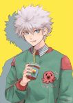  1boy 1o8k :p blue_eyes character_print collared_shirt cup disposable_cup drinking_straw english_commentary green_sweater hair_between_eyes holding hunter_x_hunter ikalgo killua_zoldyck long_sleeves looking_at_viewer male_focus octopus_print print_sweater shadow shirt simple_background smile solo spiked_hair striped sweater tongue tongue_out upper_body white_hair yellow_background 