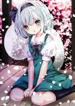  1girl bangs between_legs black_bow black_hairband black_legwear black_ribbon blush bow collared_shirt eyebrows_visible_through_hair flower green_eyes green_skirt green_vest hair_between_eyes hair_ribbon hairband hand_between_legs kneehighs konpaku_youmu konpaku_youmu_(ghost) looking_at_viewer nanase_nao open_mouth petals pink_flower pleated_skirt puffy_short_sleeves puffy_sleeves ribbon shirt short_sleeves silver_hair sitting skirt solo touhou veranda vest wariza white_shirt 